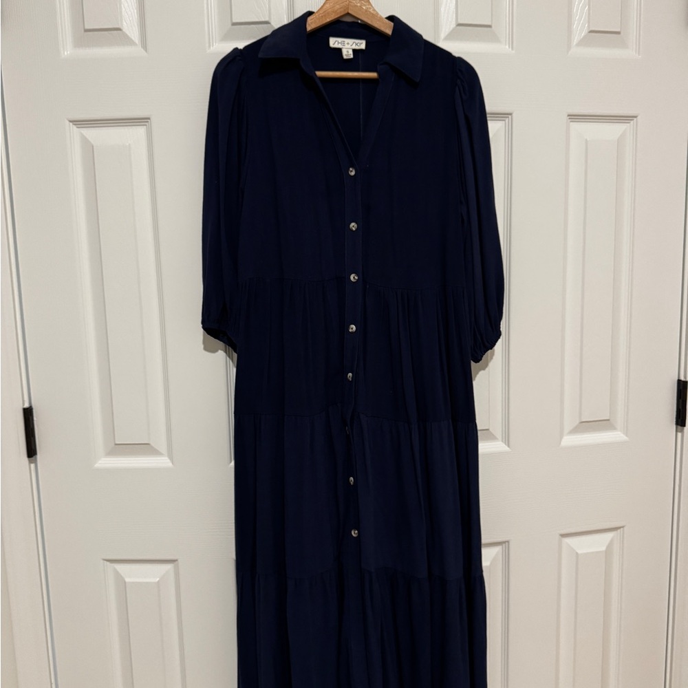 She + Sky Navy Long Sleeve Button-Down Dress
